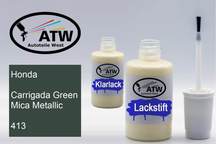 Honda, Carrigada Green Mica Metallic, 413: 20ml Lackstift + 20ml Klarlack - Set, von ATW Autoteile West.